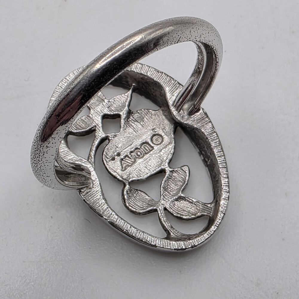 Vintage Avon Rose Ring Silver Tone Oval Filigree Floral Cottagecore Boho - Picture 3 of 3